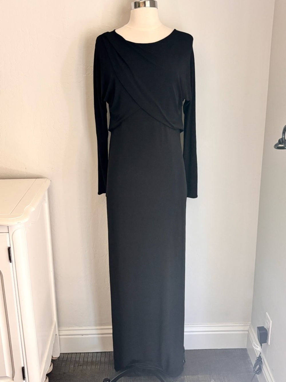 Zara Draped Front Long Sleeve Side Slit Open Back Formal Black Maxi Dress Large